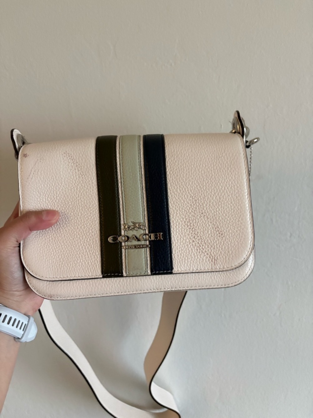 COACH Pebbled Leather Crossbody in Light Pink with Green and Navy Stripes
